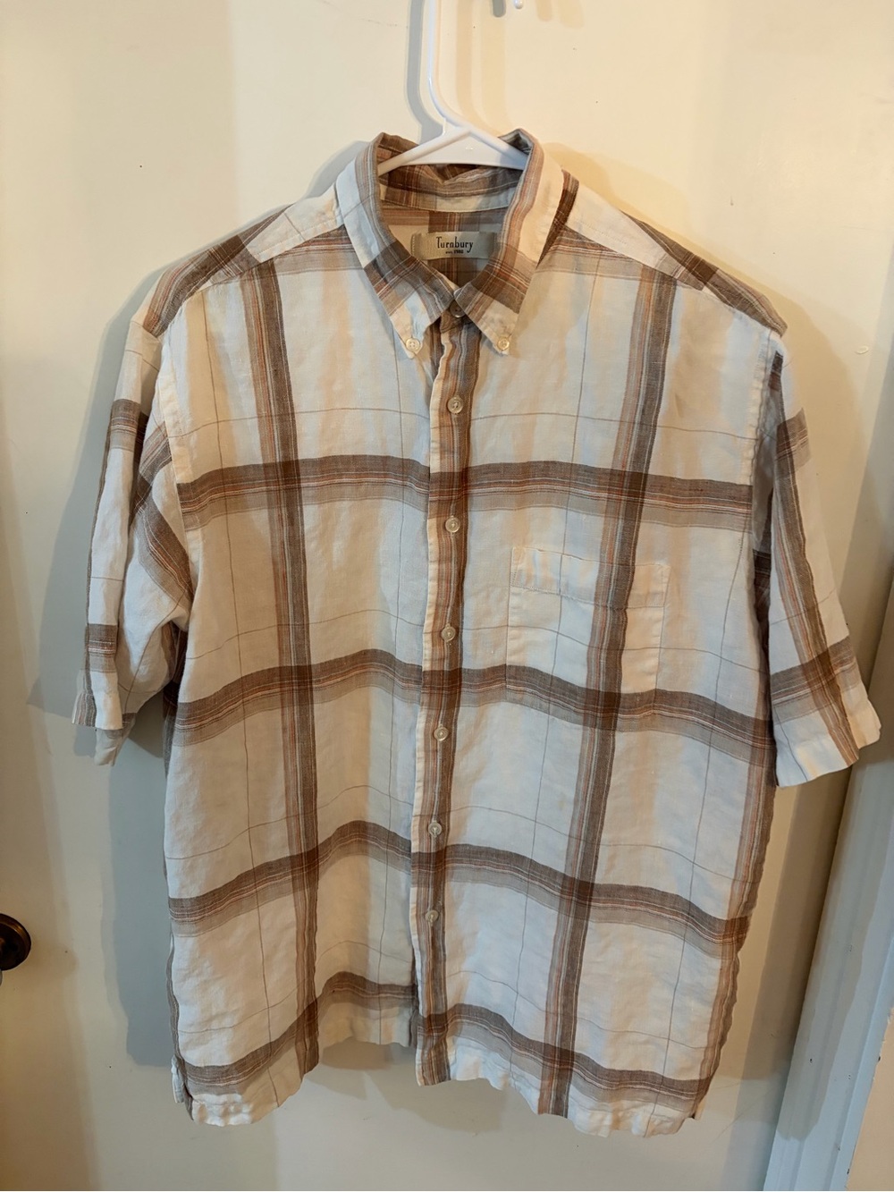 Turnbury Men's Linen Plaid Button-Down Shirt in Beige with Orange Stripe